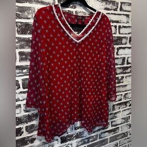Skye's the Limit Modern Boho Whimsical Artsy Print Red Mesh Blouse Size XL